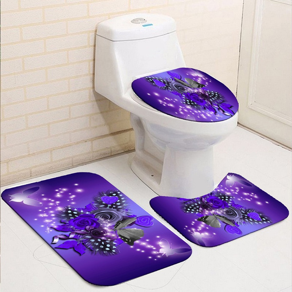 Shower Curtain Bath Mat Bathroom Rug Pedestal Lid Toilet Cover Set 180X180cm ❤ 