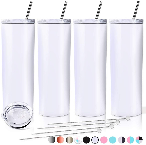 Zonegrace 4 pack White Skinny Tumbler with straws,Double wall stainless Steel slim Insulated Tumbler With Lid Bulk 20 oz tumbler cups with silicone bottom,Great Gift for Men and Women 
