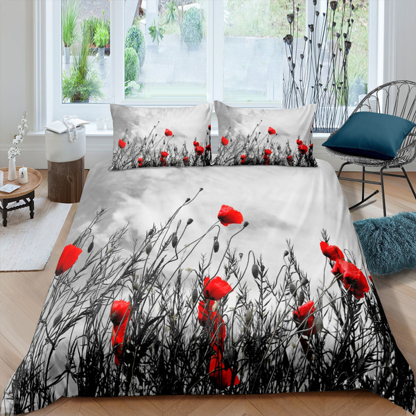 Red Poppy Flowers 3d Bedding Sets, Queen Bed Quilt Cover