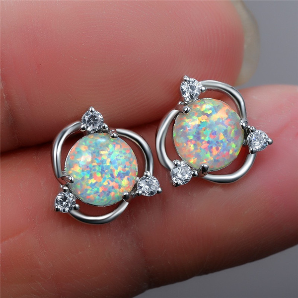 Blue Opal Oval Silver Dangle Greek Earrings 19x10mm | Sirioti Jewelry