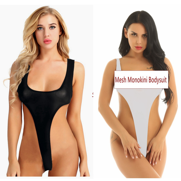 Women's Mesh See Through One Piece Sleeveless High Cut Thong Leotard  Bodysuits