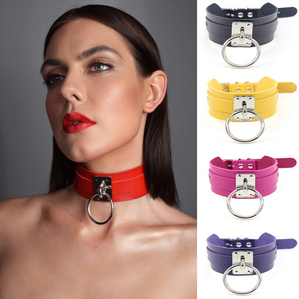 PU Leather+Metal Sexy Choker Punk Gothic Collar Chain Belt Necklace Round  Ring