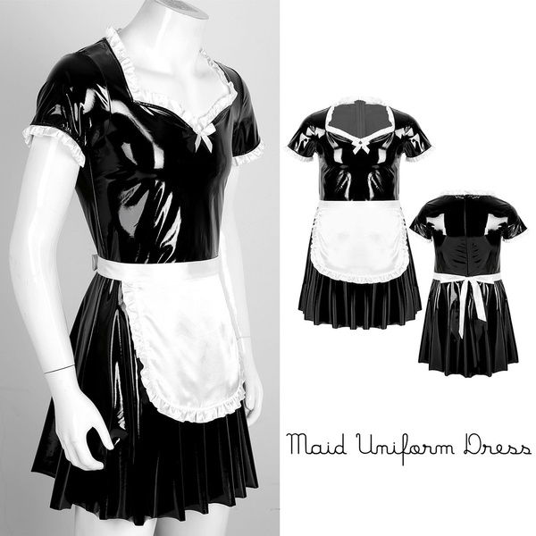 Mens Sissy French Maid Costumes Patent Leather Puff Sleeve Uniform