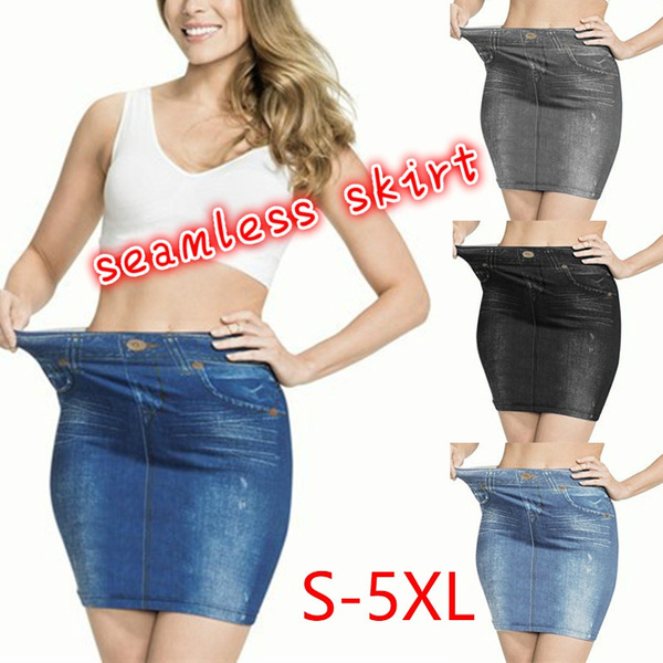 S 5XL New Women Fashion Sexy Seamless Skirt Faux Denim Jean Short