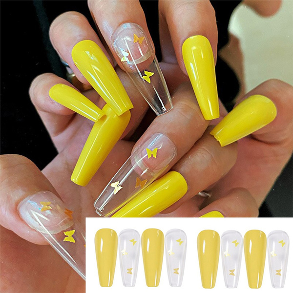 MISUD 24Pcs Coffin Press on Nails, Nude Glossy Fake Nails, Ballerina Yellow  Full Cover Acrylic Nails with Design for Women and Girls