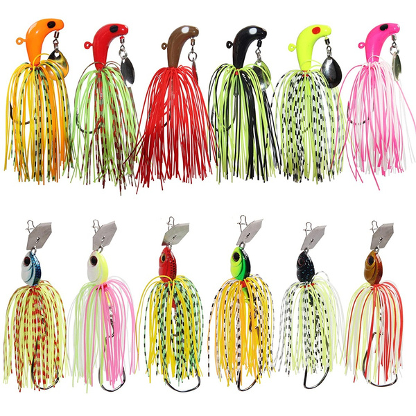 12Pcs Spinnerbait Fishing Lures Hard Metal Spinner Bait Jig Head Rubber  Lures For Bass Pike Trout Walleye Fishing Tackle Accessories