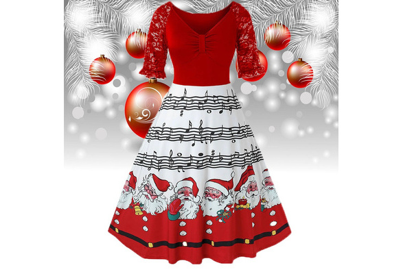 Plus Size Christmas Printed Dress Lace Patchwork Music Santa Claus Print  Swing Party Dresses | Wish