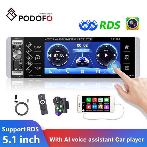 Podofo 1din Mp5 Player 5.1 inch touch With AI voice assistant 5188AI with  square control remote control microphone RDS radio