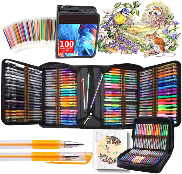 200 PCS Gel pens Set 100 Colored Gel Pen with 100 Refills Fine Tip Glitter  Gel pens with Canvas Bag Kids Adults Coloring Books