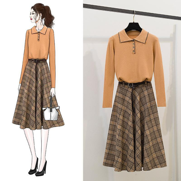 plaid midi skirt set