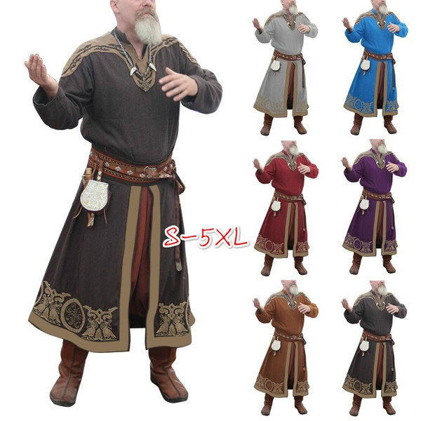 Vintage Mens Fashion Long Sleeve Long Robe Medieval Warrior Knight Surcoat Renaissance Viking Pirate Long Tunic Coat Larp Cosplay Costume Without