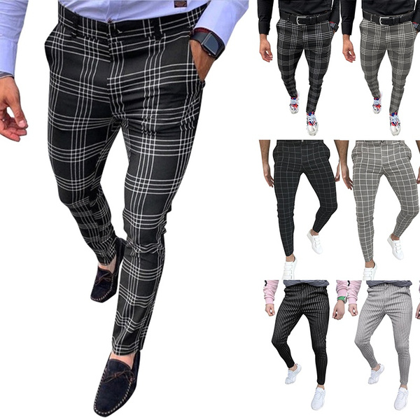 men's middle waist plaid casual pants