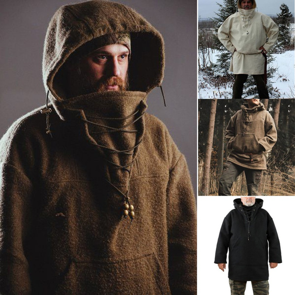 S 5XL Men s Fashion Autumn Winter Warm Wool Hoodie Pullover Viking Lace Up Thicken Anorak Medieval Coats Cosplay Costume