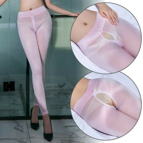 Ladies Shiny Sheer See-through Leggings Skinny Zipper Crotch Trousers Long  Pants