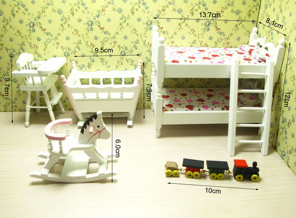 1/12 Dollhouse Furniture Children Bedroom Bunk Bed Cradle Rocking Horse Set 
