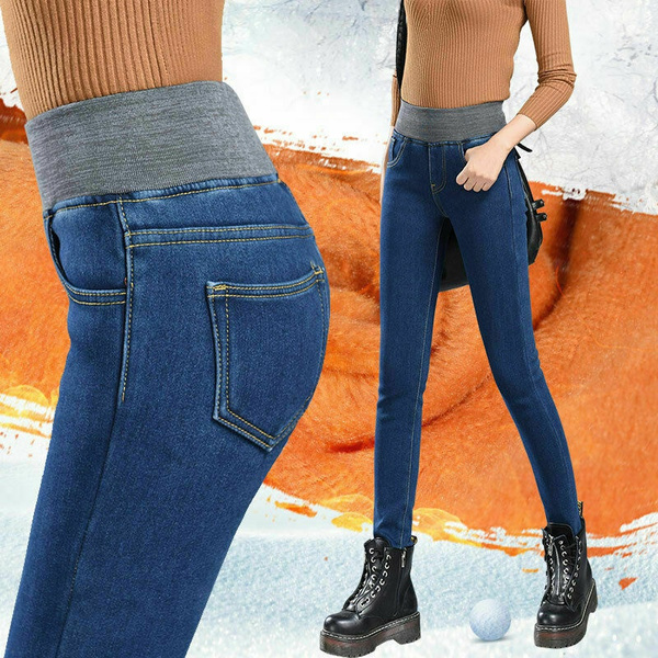 Women's Winter Denim Pants Fleece Lined High Waist Thermal Jean