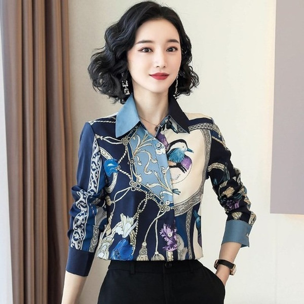Fashion Chinese style women's silk shirt, new printing mulberry silk shirt,  loose long-sleeved shirt