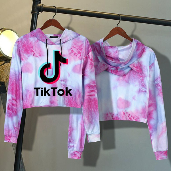 New Tik Tok Printed Women Casual Sports Cropped Hooded Sweatshirt Fashion  Tie Dye Printed Hoodie Hip Hop Streetwear Crop Tops