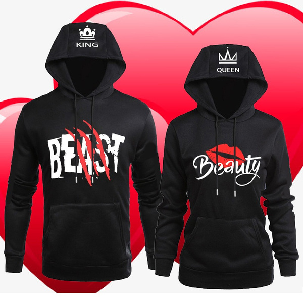 Beauty and the Beast Couple Detailed Information on Winter Men s Wear King and Queen Long sleeved Hoodie Hoodie Pullover