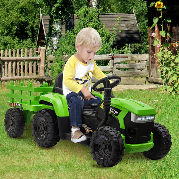 3-Gear-Shift Battery-Powered Toy Tractor Ride-On Vehicle with Trailer ...