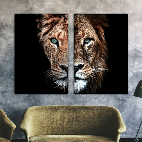 18''Hx24''W-Modern Lion Pictures Wall Decor Framed Cool Lion and Lioness Picture 