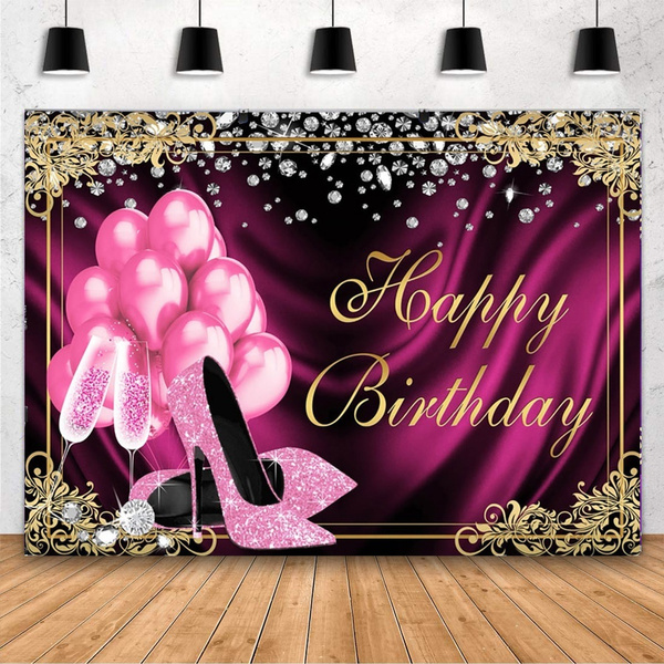 Pink Happy Birthday Backdrop Glitter Balloon Party Lady Photo Background Banner