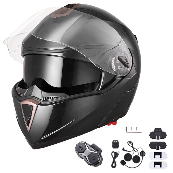 AHR DOT Full Face Flip Up Modular Motorcycle Helmet 2 Visor Bluetooth ...