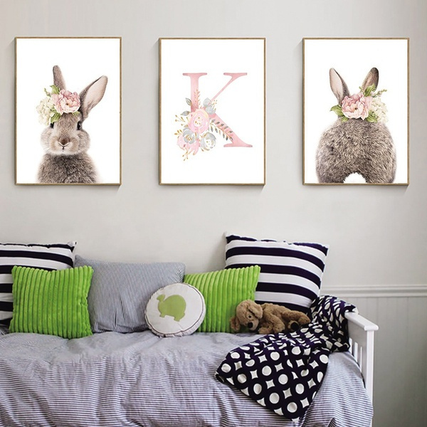 Cute Rabbit Bunny Animal Nursery Poster Canvas Wall Art Print Kids Bedroom Decor 