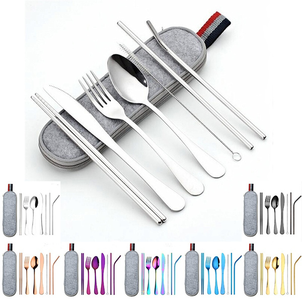 8pcs/set Portable Tableware Stainless Steel Set Silverware Travel Utensils  with Zipper Case Cutlery Set Straw Chopsticks Fork Spoon Set