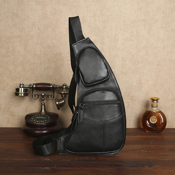 Men's Leather Sling Bag,Chest Shoulder Backpack, Water Waterproof