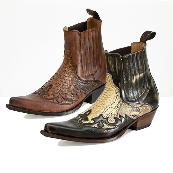 Men's Vintage Python Snake Boots Pointed Toe Slip-on Ankle Shoes