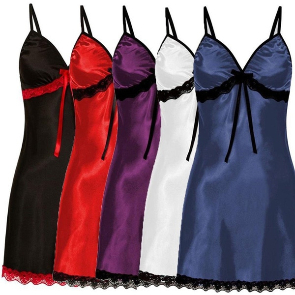 Sleepwear Women Lace Silk Satin Night Dress Sleeveless Nighties V-neck ...