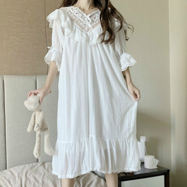 Womens Lolita Nightgown Lace Ruffle Nightdress Puffer Sleeve Lounge ...