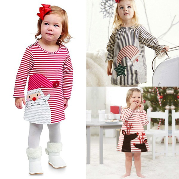 Toddler Kids Baby Girls Santa Deer Striped Princess Dress Christmas Outfits Set