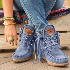 New Trend Women Ankle Boots Retro Medieval Suede Faux Leather Tassel Round Toe Winter Footwear Casual Shoes Cowboy Boots