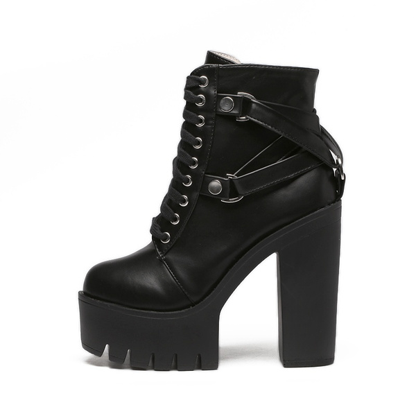 Gothic Cross Strap Ankle Boots Women Faux Leather Platform Block Chunky