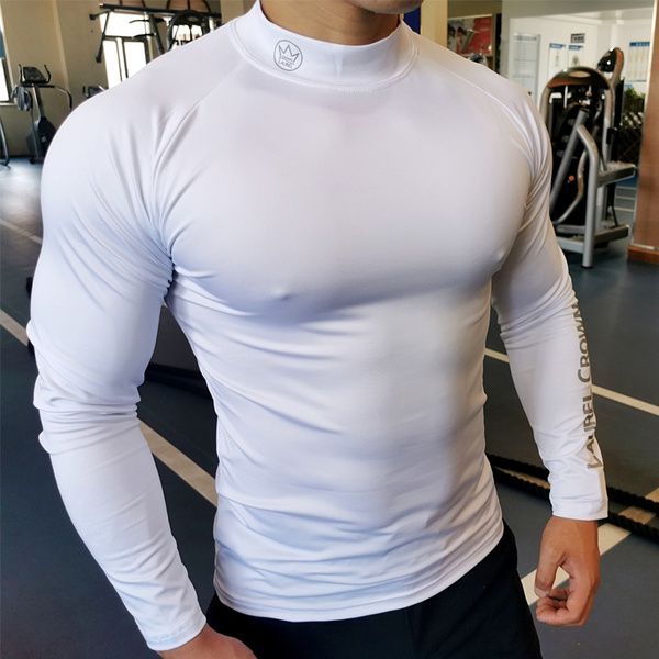 men's compression shirts long sleeve t-shirt solid color high neck gym  bodybuilding tee tops