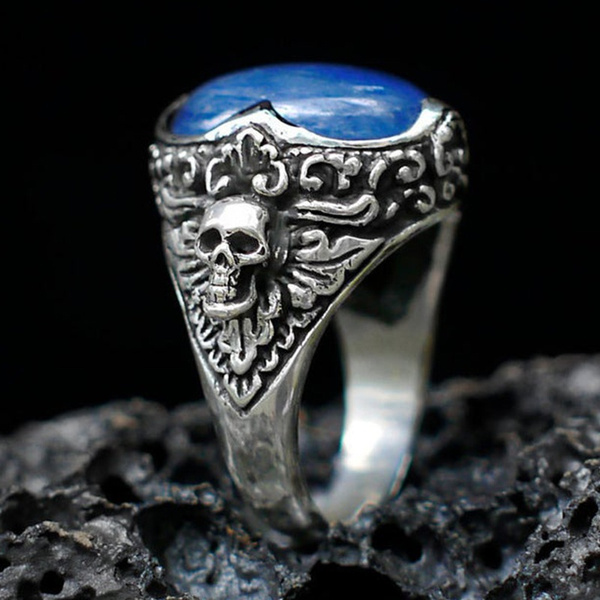 925 Sterling Silver Blue Opal Diamond Skull Ring Men Wedding Ring