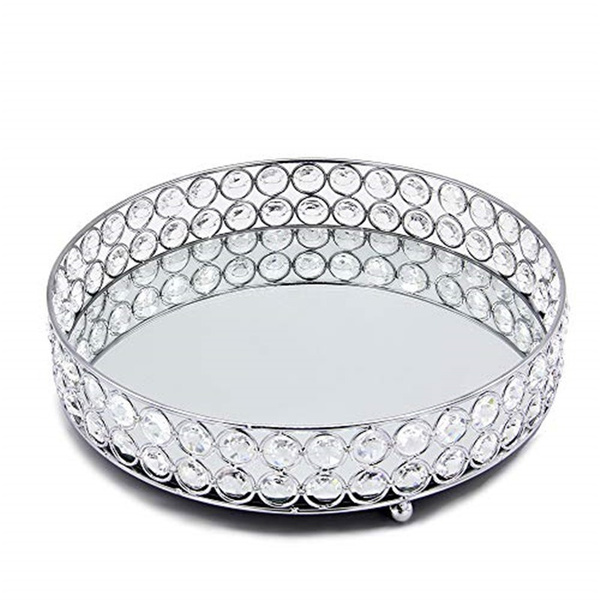 Crystal Silver Gold Mirrored Cosmetic Tray Organiser Metal Decorative Round Platters Bathroom Holder For Perfume Shower Gel Cosmetics Makeup Wish Perfume Shower Gel Cosmetics Makeup, Silver Mirrored Makeup Organiser