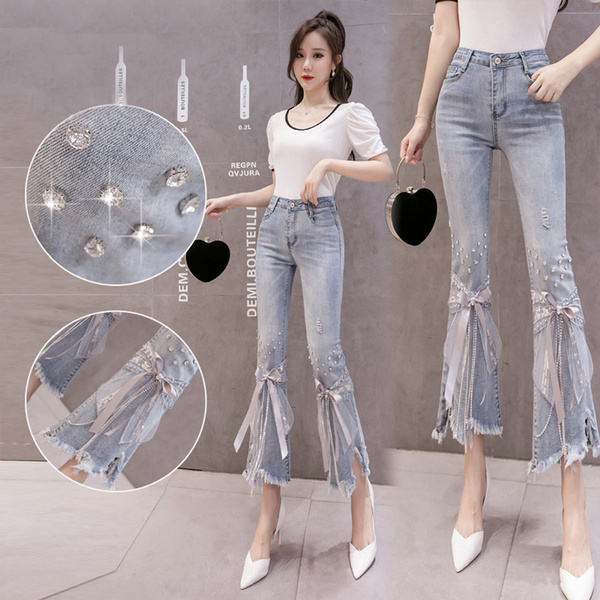 High Quality Women S-2XL Fashion Beaded Bow Jeans High Waist