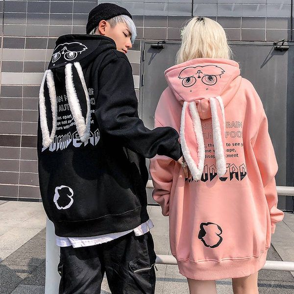 Women Hoodies Animal Lovely Pullover Kawaii Rabbit Sweatshirt Tops Cute Bunny Graphic Outerwear Pink Black White Couple Hoodie Girls