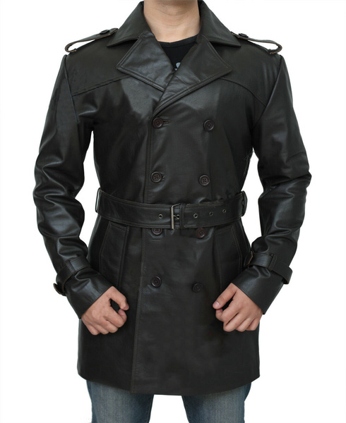 MENS GERMAN CLASSIC WW2 OFFICER MILITARY UNIFORM BLACK LEATHER TRENCH ...