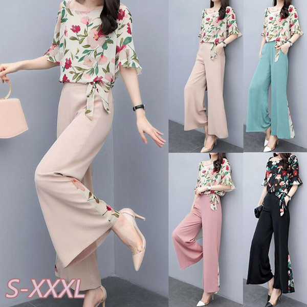 Women's Fashion Summer Printed Shirt Straight Leg Pants Suit For