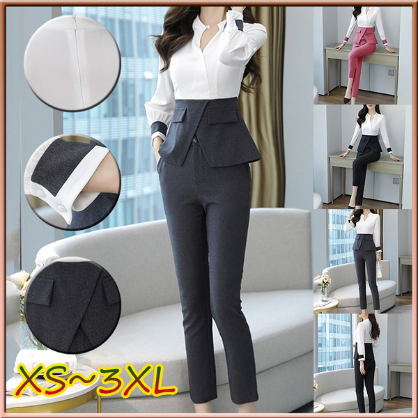 Designer Autumn Suit Women Pants 2 Piece Set Elegant Office Lady Outfits  Hit Color Blouse and Pants Fashion Sets