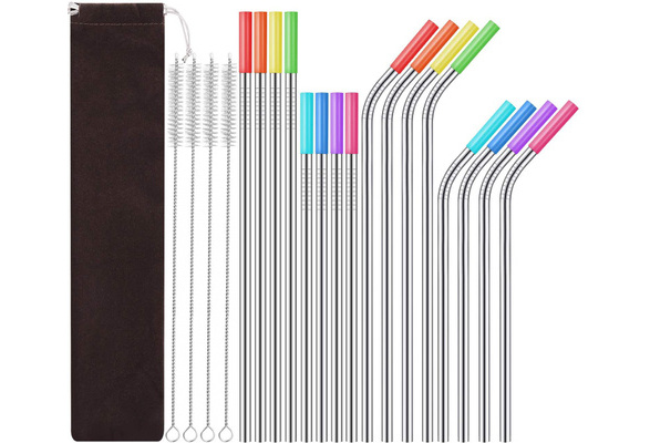 Set of 16 Reusable Stainless Steel Straws with Travel Case Cleaning Brush  Silicone Tips Eco Friendly Extra Long Metal Straws Drinking for 20 24 30 oz  Fit Yeti Tervis Rtic Tumbler 