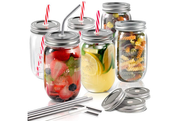 Mason Jars 6 PCS 16 oz Glass Jars with Lids & Straws Send 3 Non-Pores