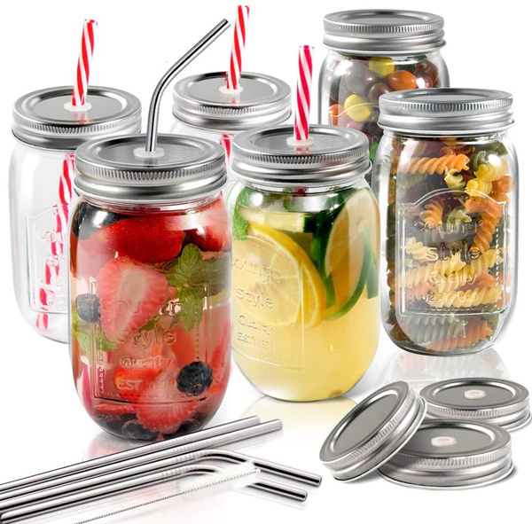 Mason Jars 6 PCS 16 oz Glass Jars with Lids & Straws Send 3 Non-Pores