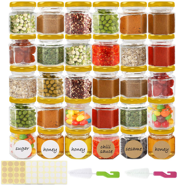 30pcs 1.5oz Hexagon Mini Glass Jars with Gold Lids Honey Jars Small Spice Jars Mason Jars For Herbs with 80pcs Stickers 2pcs Brush for Spices