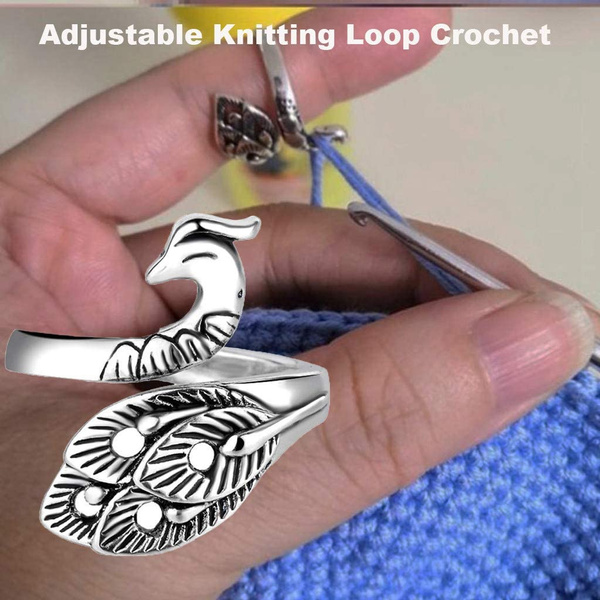 WLLHYF 3PCS Adjustable Knitting Loop Crochet Ring Silver Sparrow Fish  Phoenix Metal Woven Rings Open Ring Finger Holder Accessories for Crafts  Hand