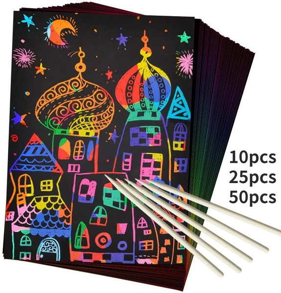 Scratch Paper Art Set, 10 25 50 Piece Rainbow Magic Scratch Paper for Kids  Black Scratch it Off Art Crafts Notes Boards Sheet with 5 Wooden Stylus for  Easter Party Game Christmas Birthday Gift